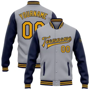 Custom Gray Gold-Navy Bomber Full-Snap Varsity Letterman Two Tone Jacket