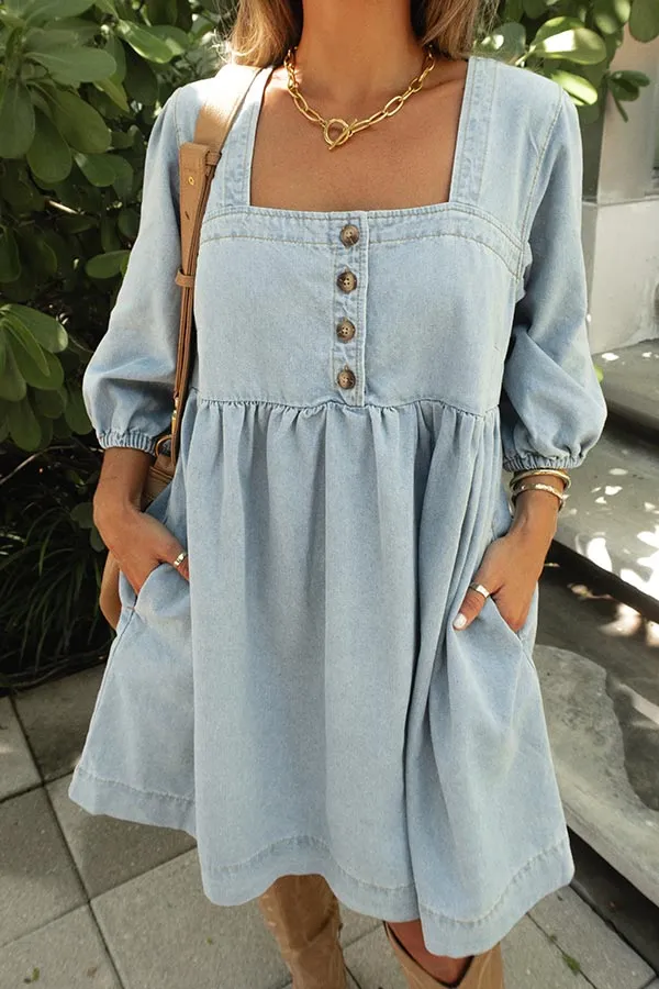 Denim Button Detail Babydoll Mini Dress