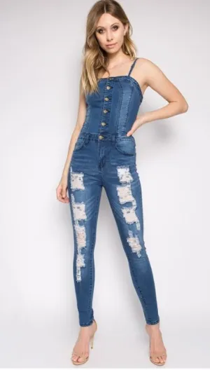 Destroyed Button Denim Stretch Jumpsuit