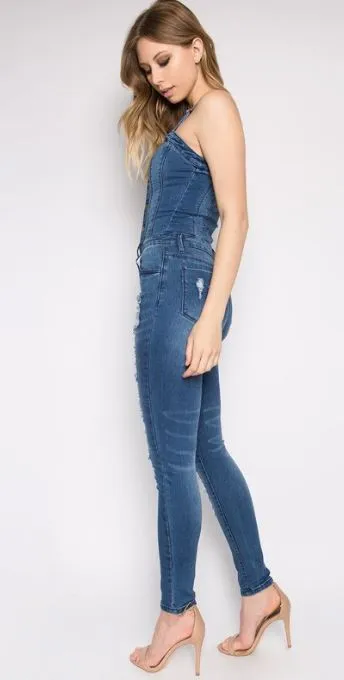 Destroyed Button Denim Stretch Jumpsuit