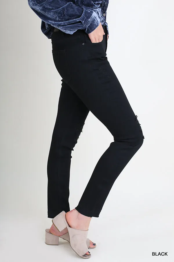 Distressed Stretch Skinny Jeans, Black