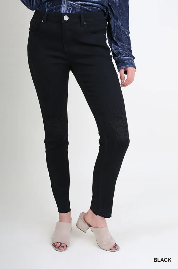 Distressed Stretch Skinny Jeans, Black