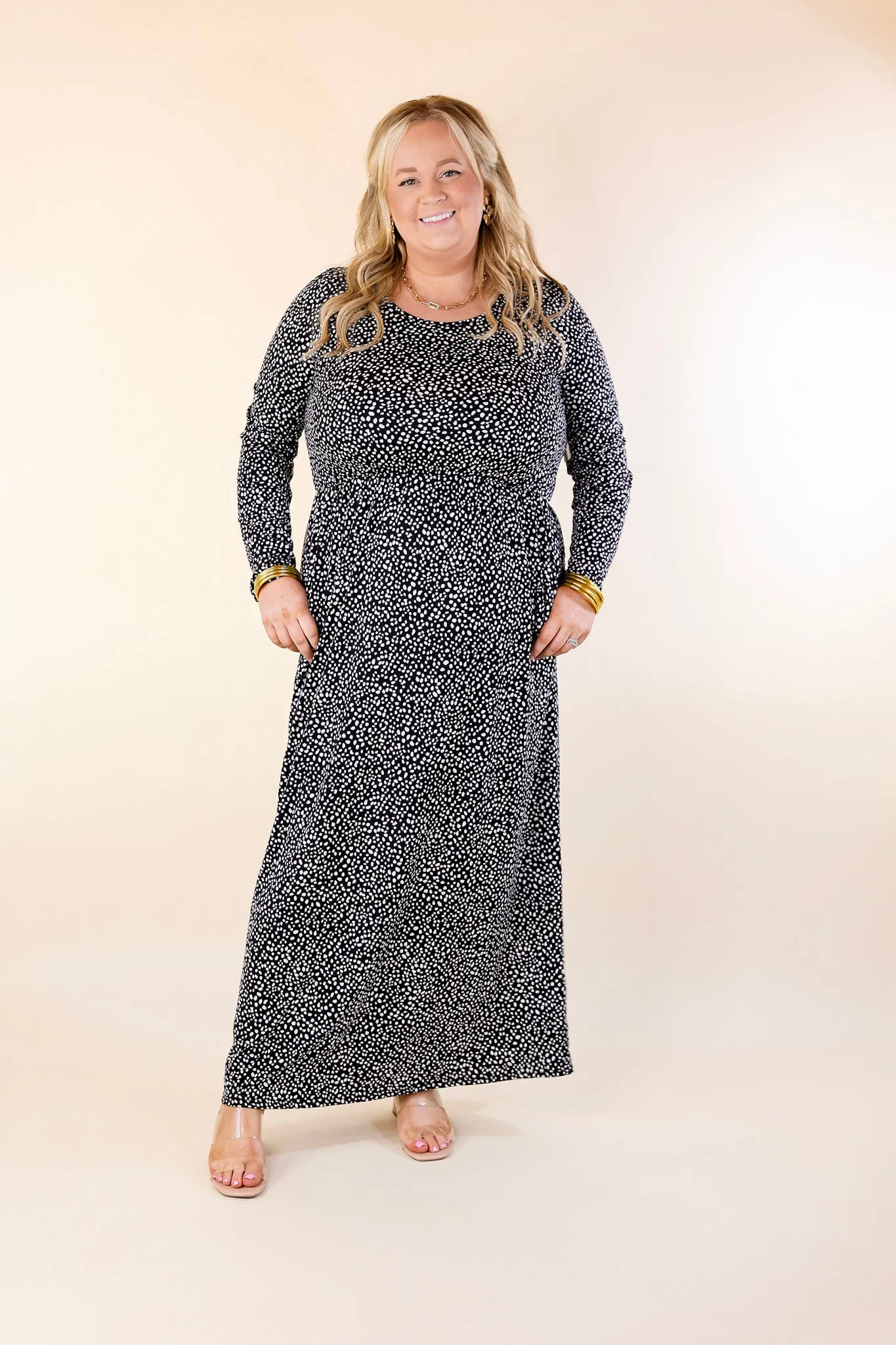 Downtown Spotlight Long Sleeve Dotted Babydoll Maxi Dress in Black