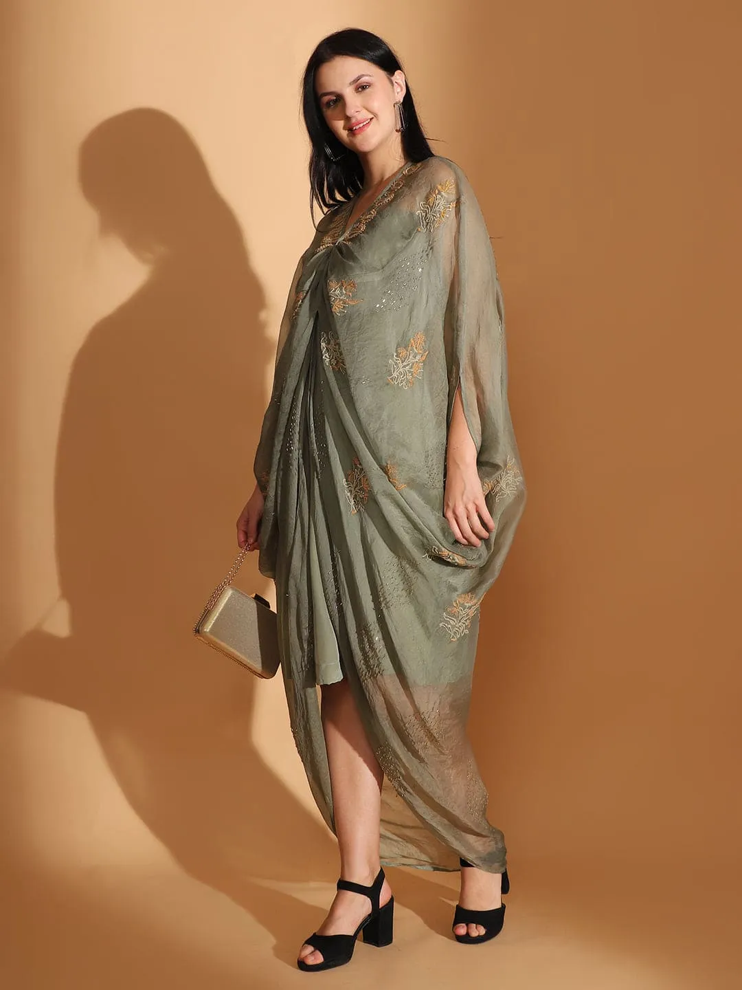 Dusty Green Cowl Chikan Dress