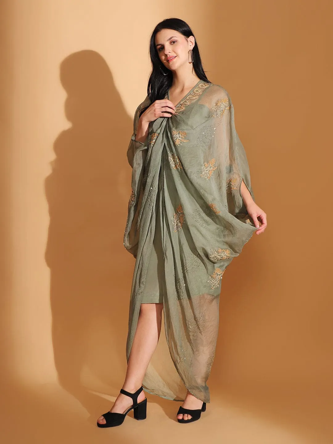 Dusty Green Cowl Chikan Dress