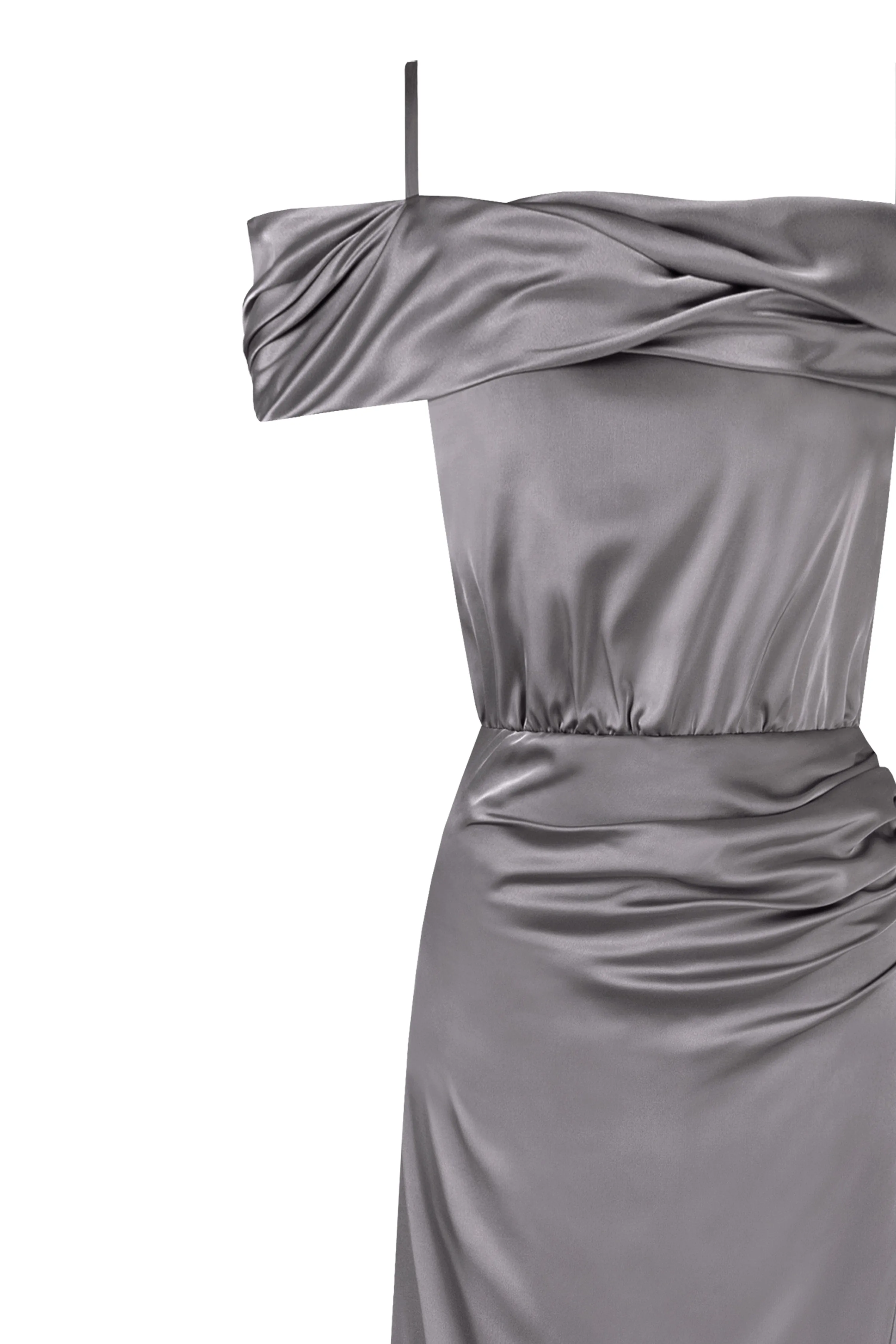 Elegant silver off-the-shoulder silk maxi dress