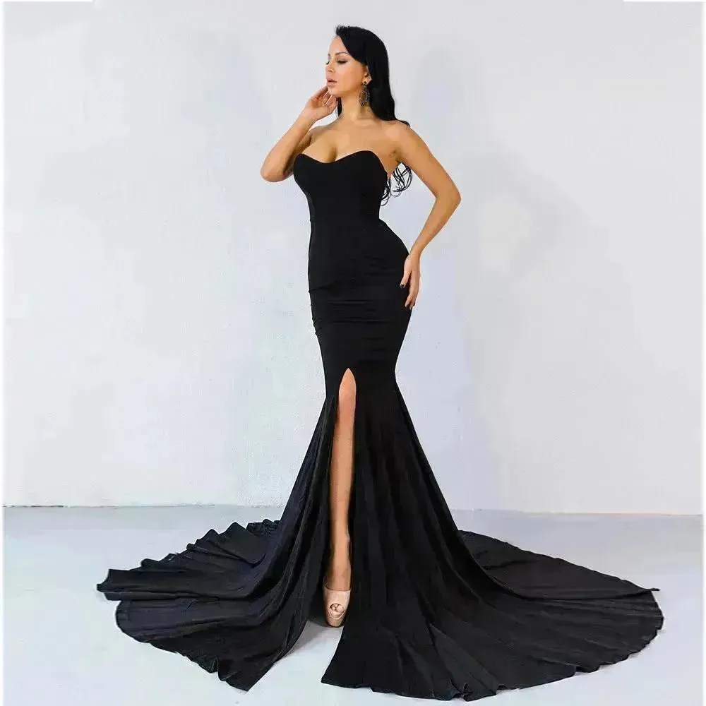 Elegant Strapless Bodycon Dress Bridesmaid Dress Evening Dinner Party Split Long Dress for Women