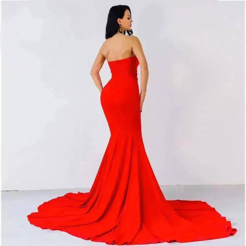 Elegant Strapless Bodycon Dress Bridesmaid Dress Evening Dinner Party Split Long Dress for Women