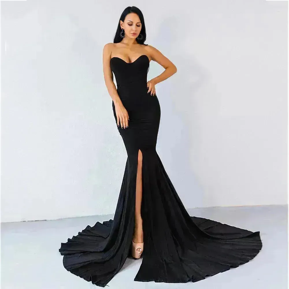 Elegant Strapless Bodycon Dress Bridesmaid Dress Evening Dinner Party Split Long Dress for Women