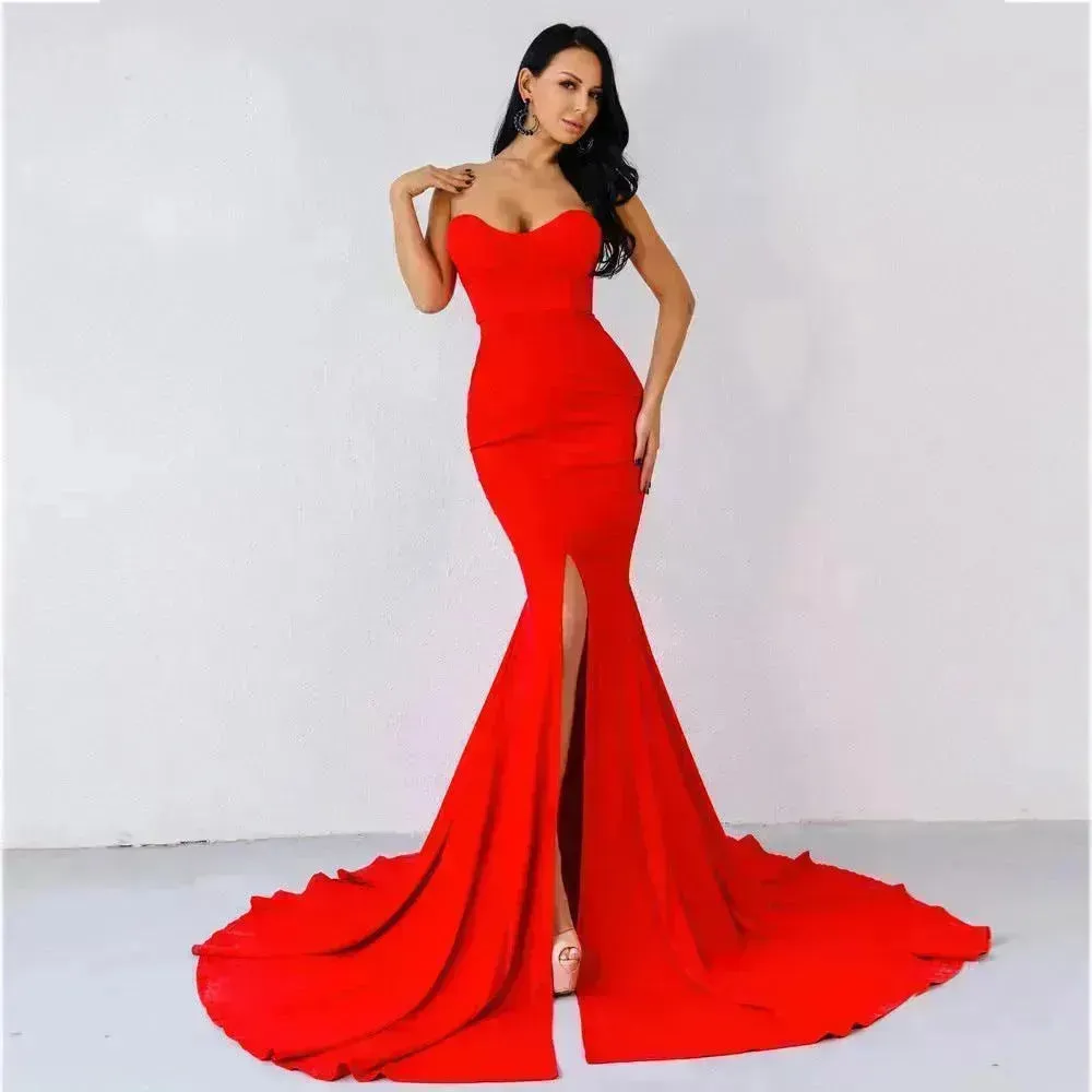 Elegant Strapless Bodycon Dress Bridesmaid Dress Evening Dinner Party Split Long Dress for Women