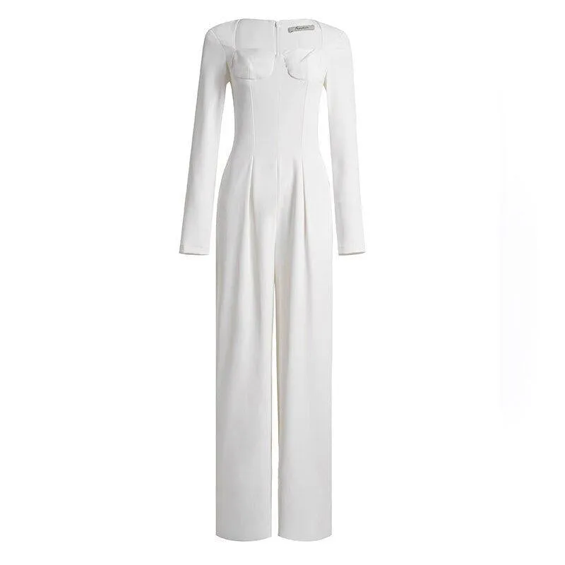 Elegant  Wide Leg Square Neck white cocktail professional work jumpsuit  -Blair