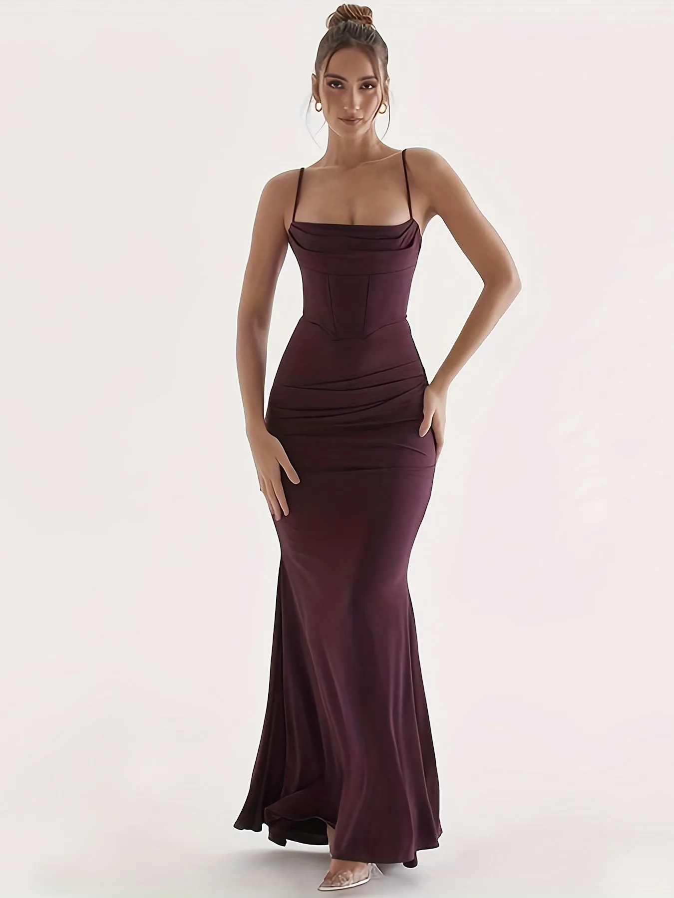 Elegant Women's Ruched Bodycon Spaghetti Strap Long Dress