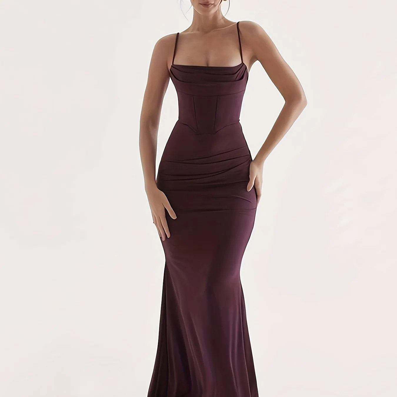 Elegant Women's Ruched Bodycon Spaghetti Strap Long Dress