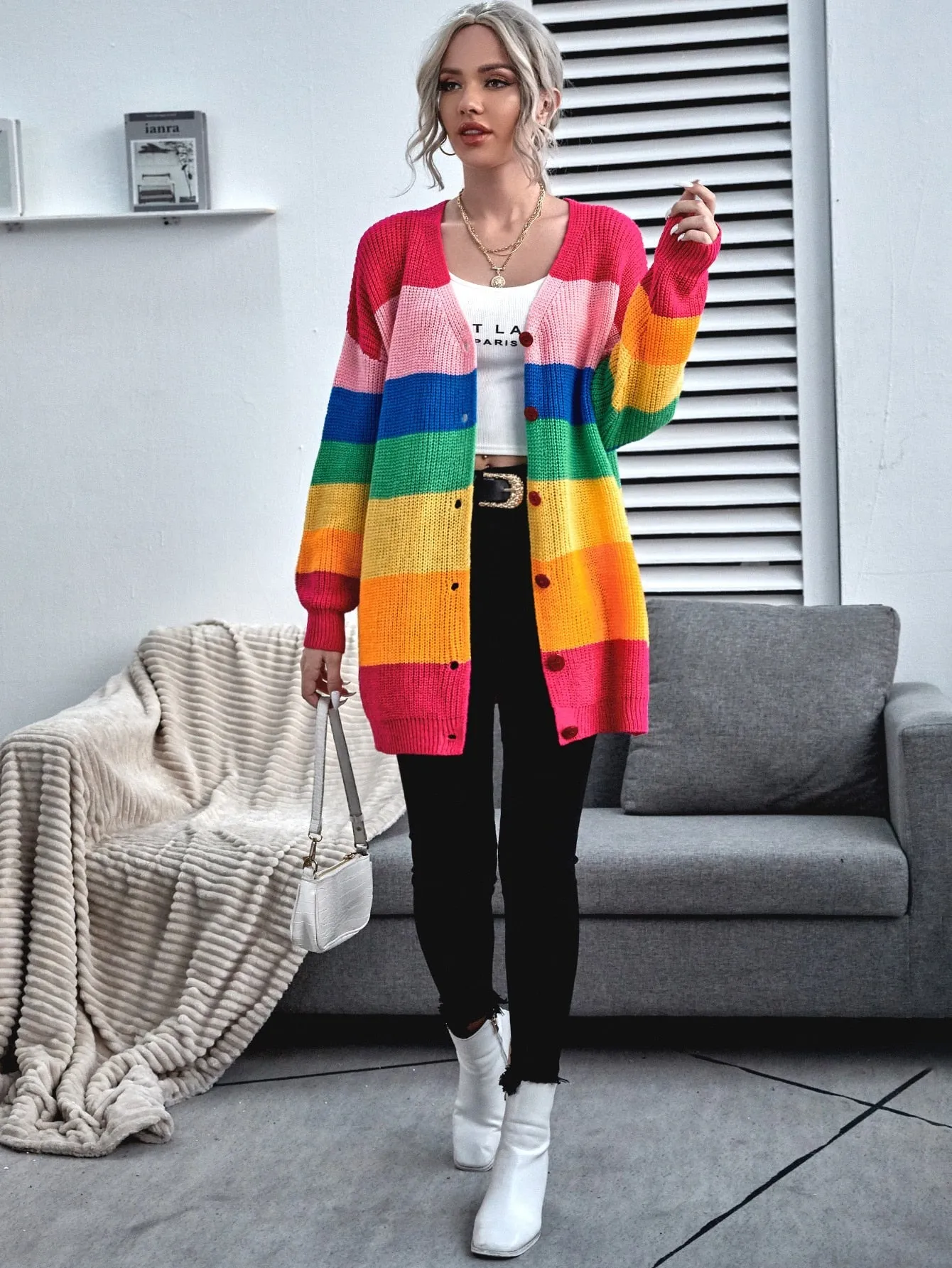 Essnce Button Front Drop Shoulder Rainbow Stripe Cardigan