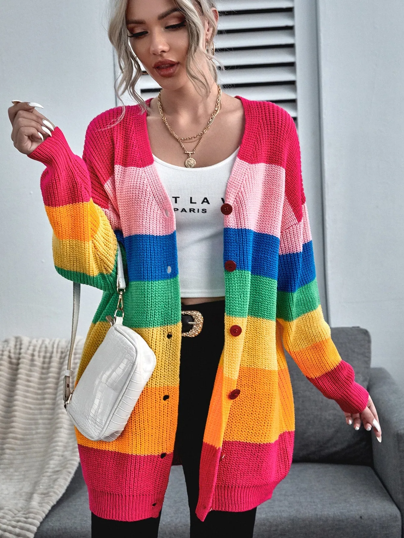 Essnce Button Front Drop Shoulder Rainbow Stripe Cardigan