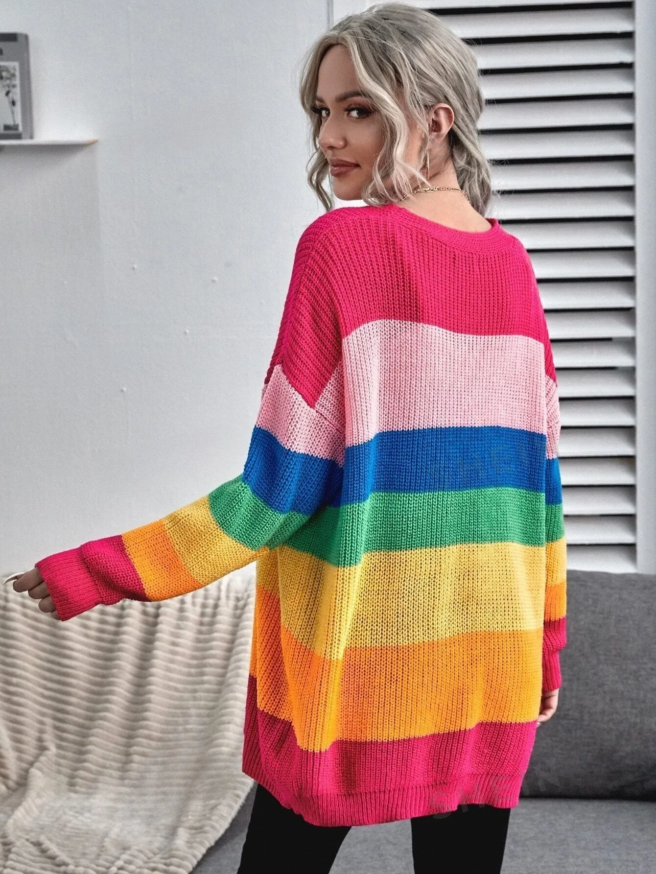 Essnce Button Front Drop Shoulder Rainbow Stripe Cardigan