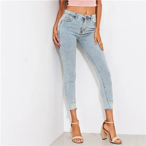 Faded Wash Hem Casual Denim Jeans Autumn New Ripped Mid Waist Women Jeans Female Pencil Pants Skinny Washed Jeans