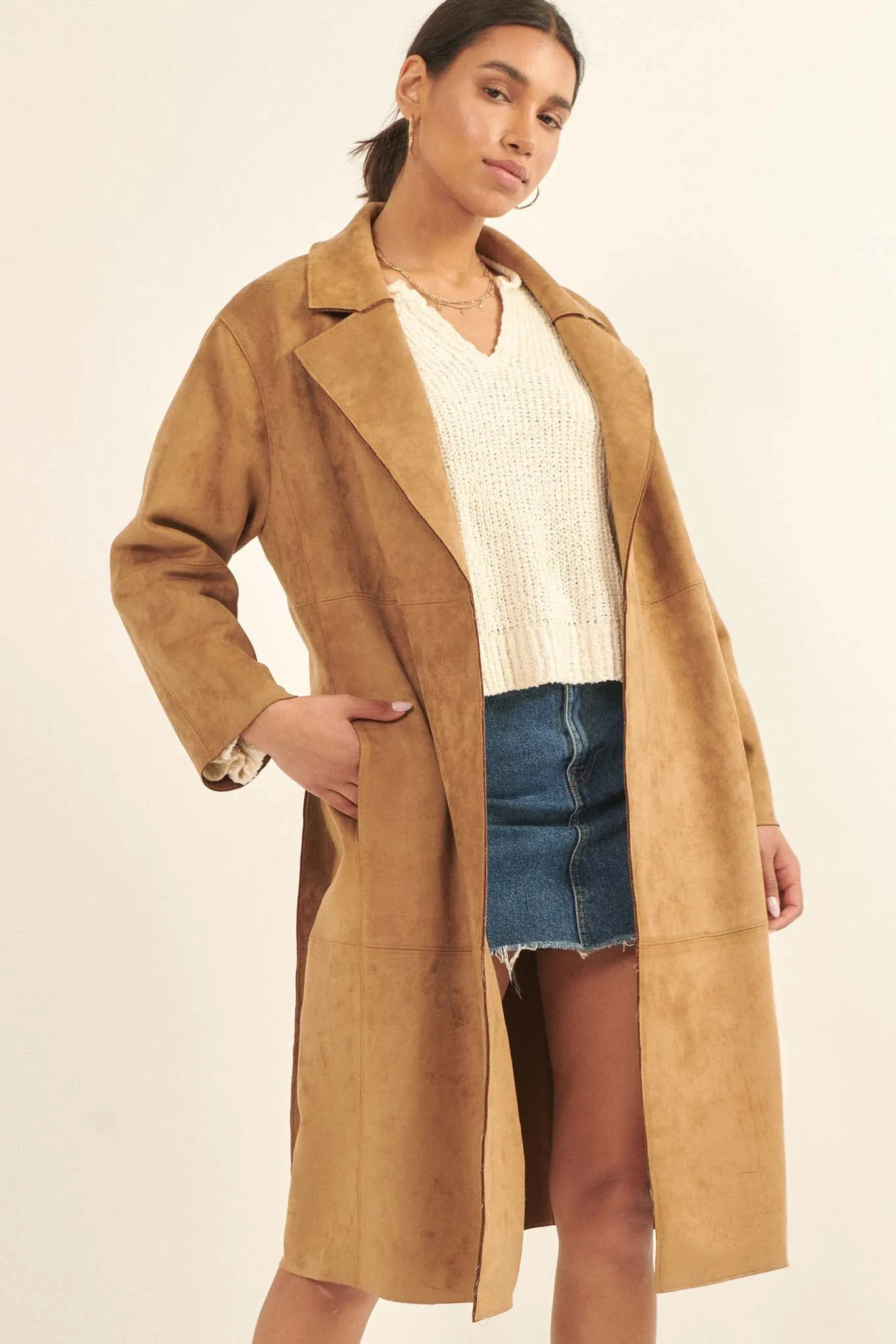 Foreign Affair Vegan Suede Belted Trench Coat