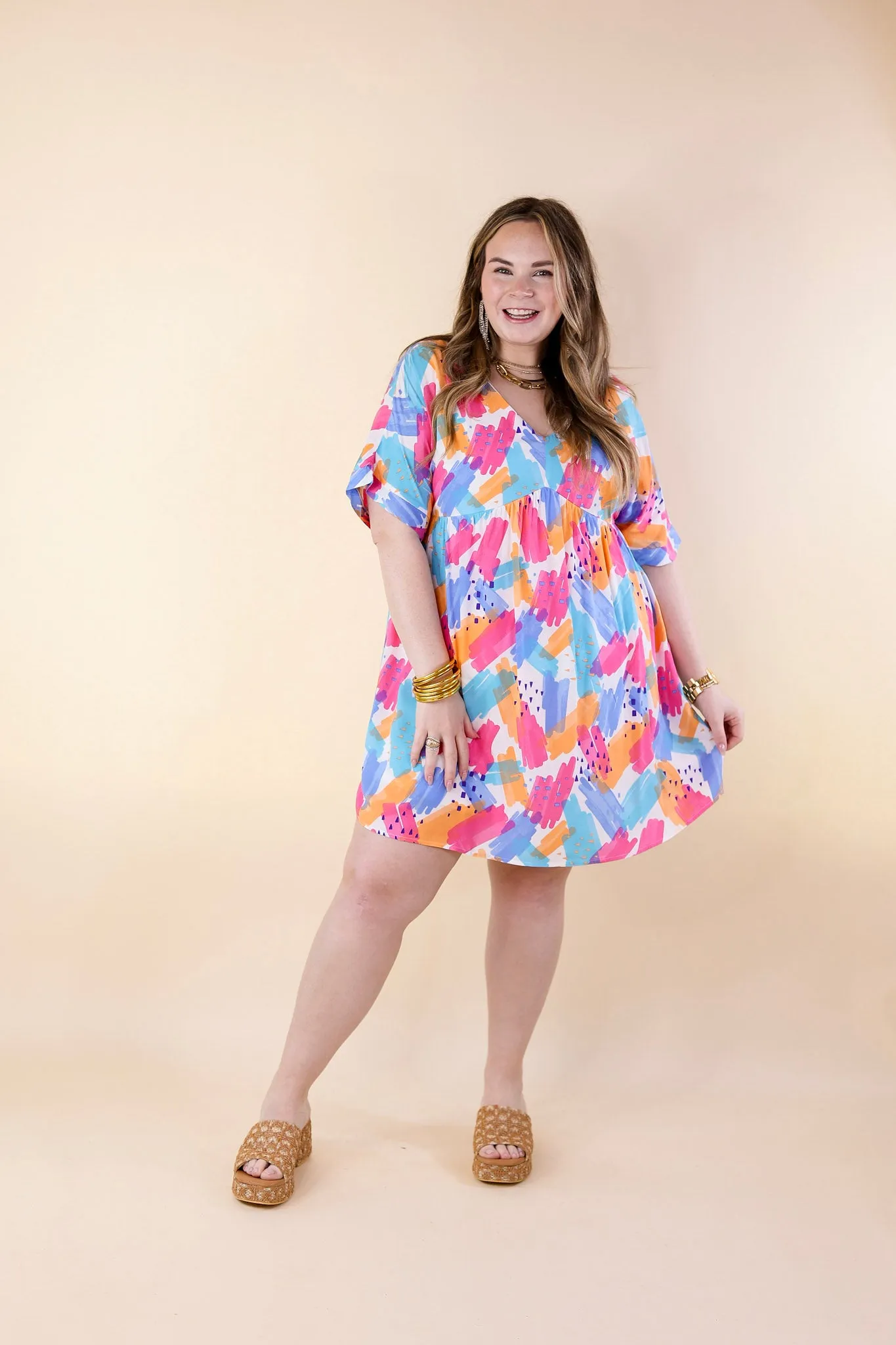 Fresh Blossoms Doodle Print Babydoll Dress with V Neck in Blue Mix