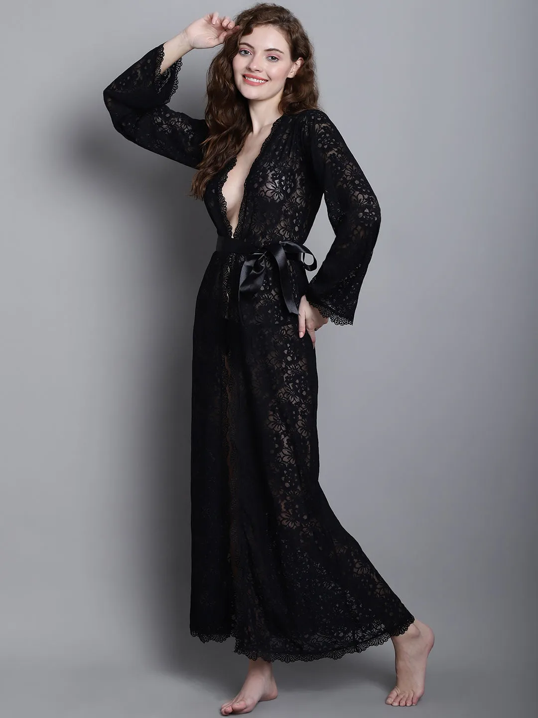 Fully Intricate Lacy Robe -  Black