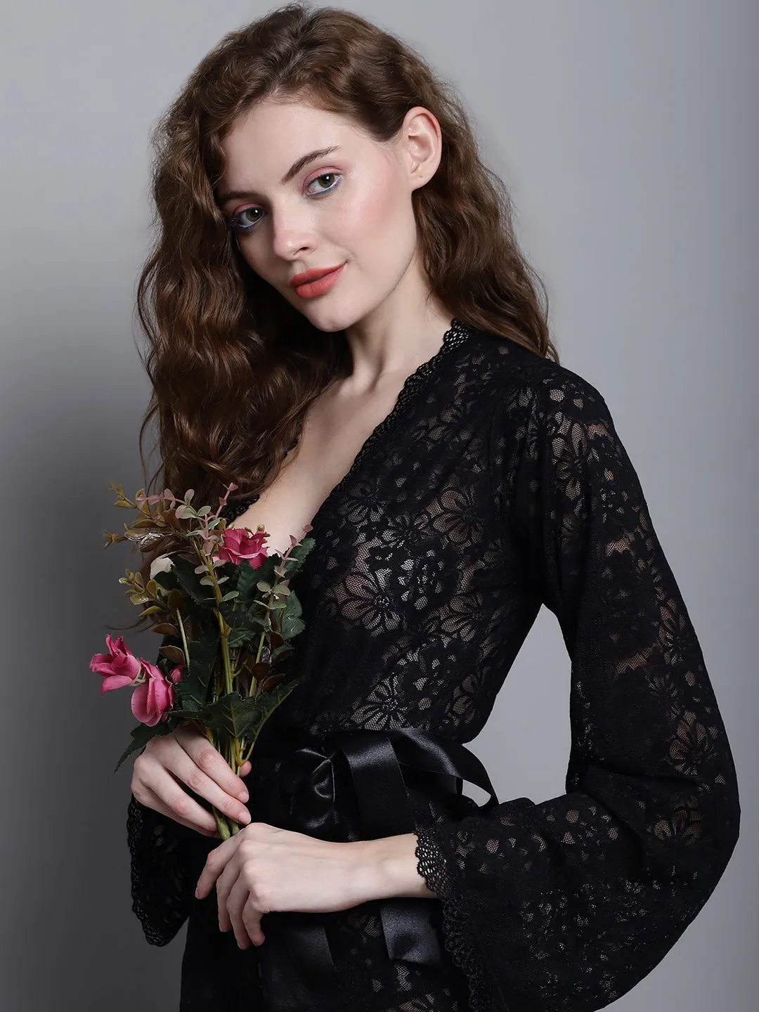 Fully Intricate Lacy Robe -  Black