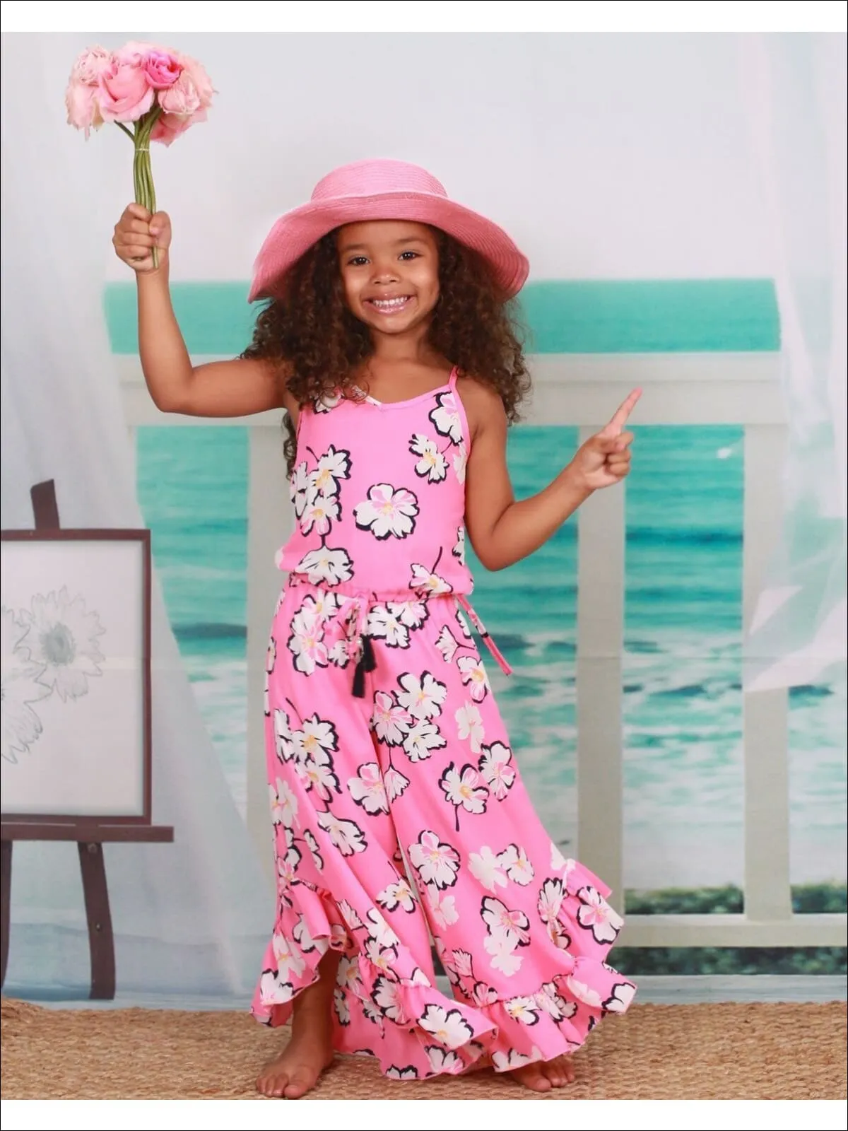 Girls Pink Floral Spaghetti Strap Tassel Drawstring Flared Ruffled Palazzo Jumpsuit