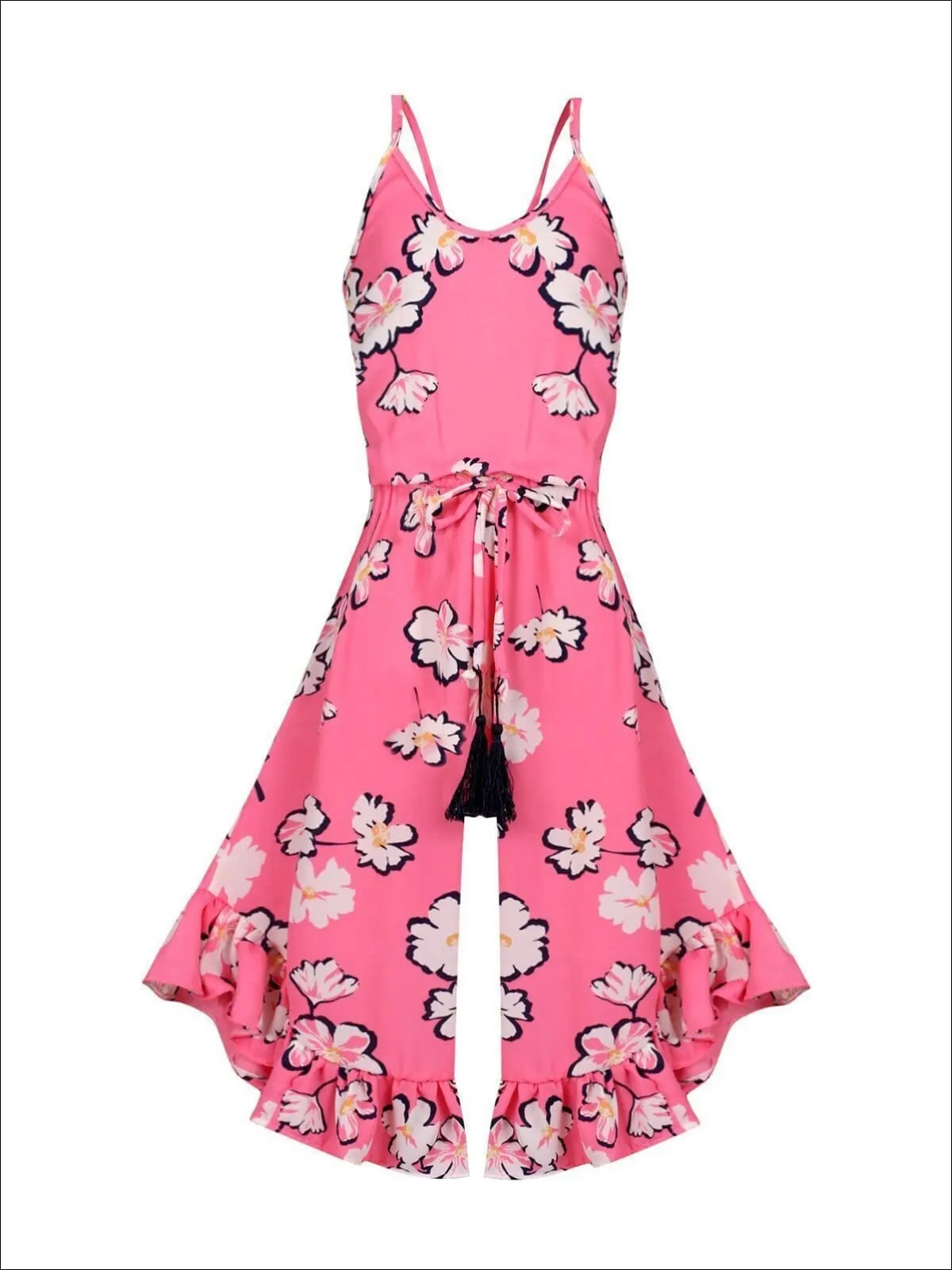 Girls Pink Floral Spaghetti Strap Tassel Drawstring Flared Ruffled Palazzo Jumpsuit