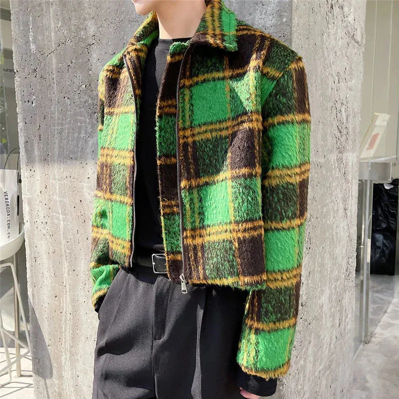 Green Woolen Plaid Short Zipper Jacket