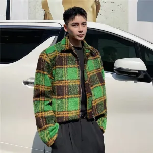 Green Woolen Plaid Short Zipper Jacket