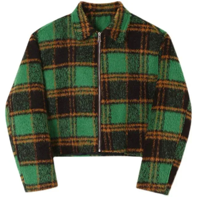 Green Woolen Plaid Short Zipper Jacket