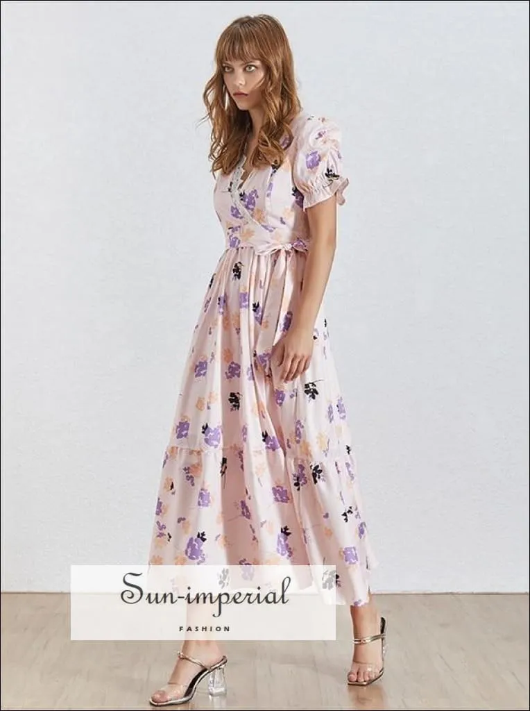 Havana Dress - Floral Print Short Sleeve Maxi Dress for Women V Neck Tie Waist