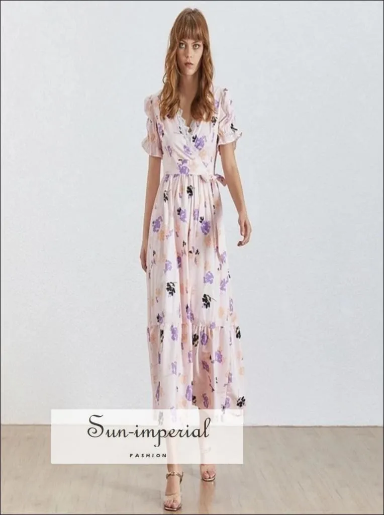 Havana Dress - Floral Print Short Sleeve Maxi Dress for Women V Neck Tie Waist