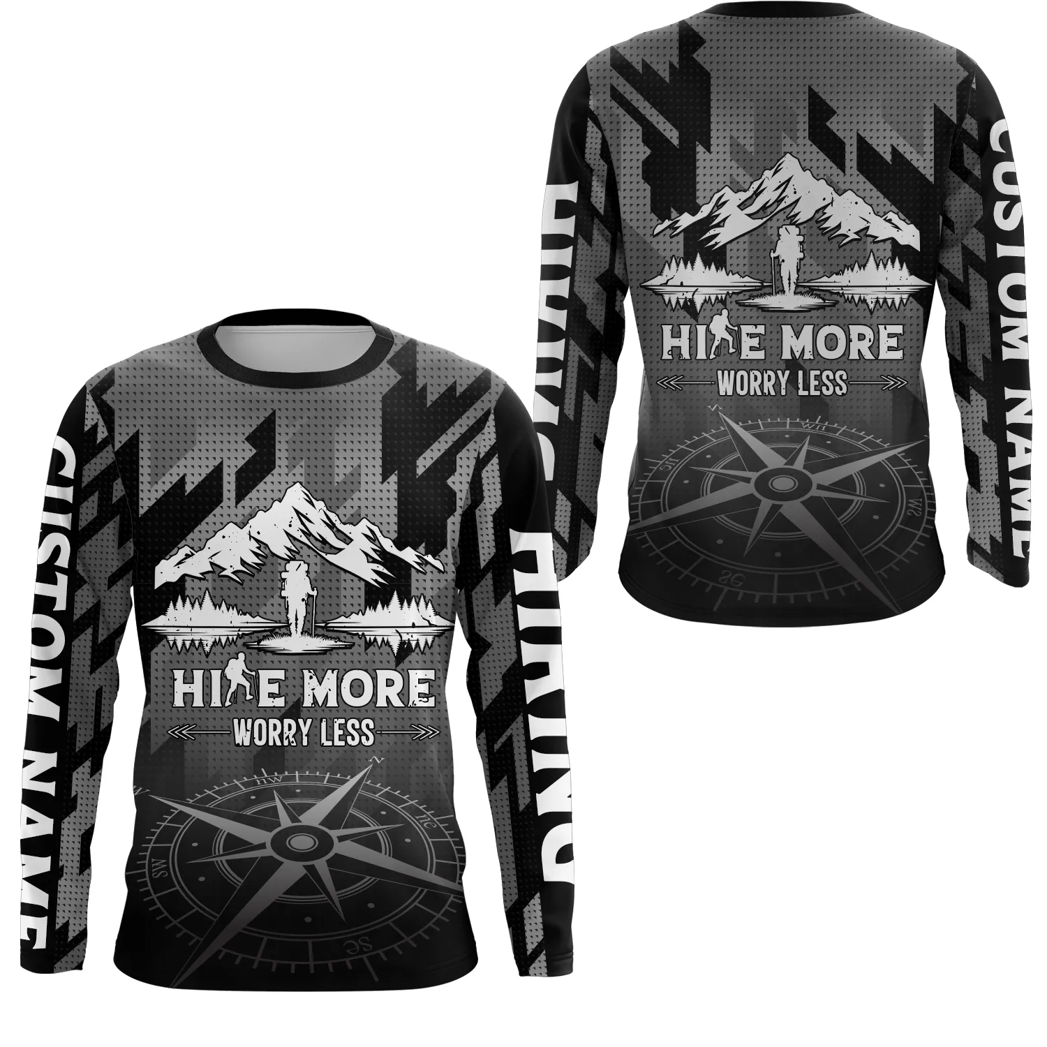 Hire More Worry Less Custom Name 3D Long Sleeve Shirt, Gift for Hiker Christmas