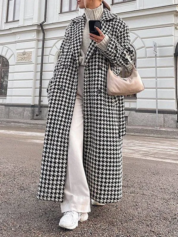 Houndstooth Tied Waist Lapel Trench Coats