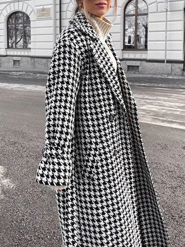 Houndstooth Tied Waist Lapel Trench Coats