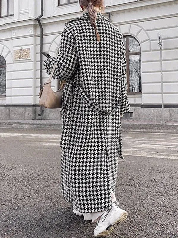 Houndstooth Tied Waist Lapel Trench Coats