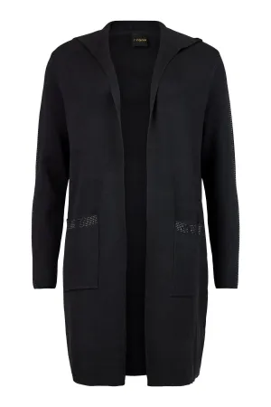 Icona Luxe Long Black Hooded Cardigan with Black Diamante Trim  67270