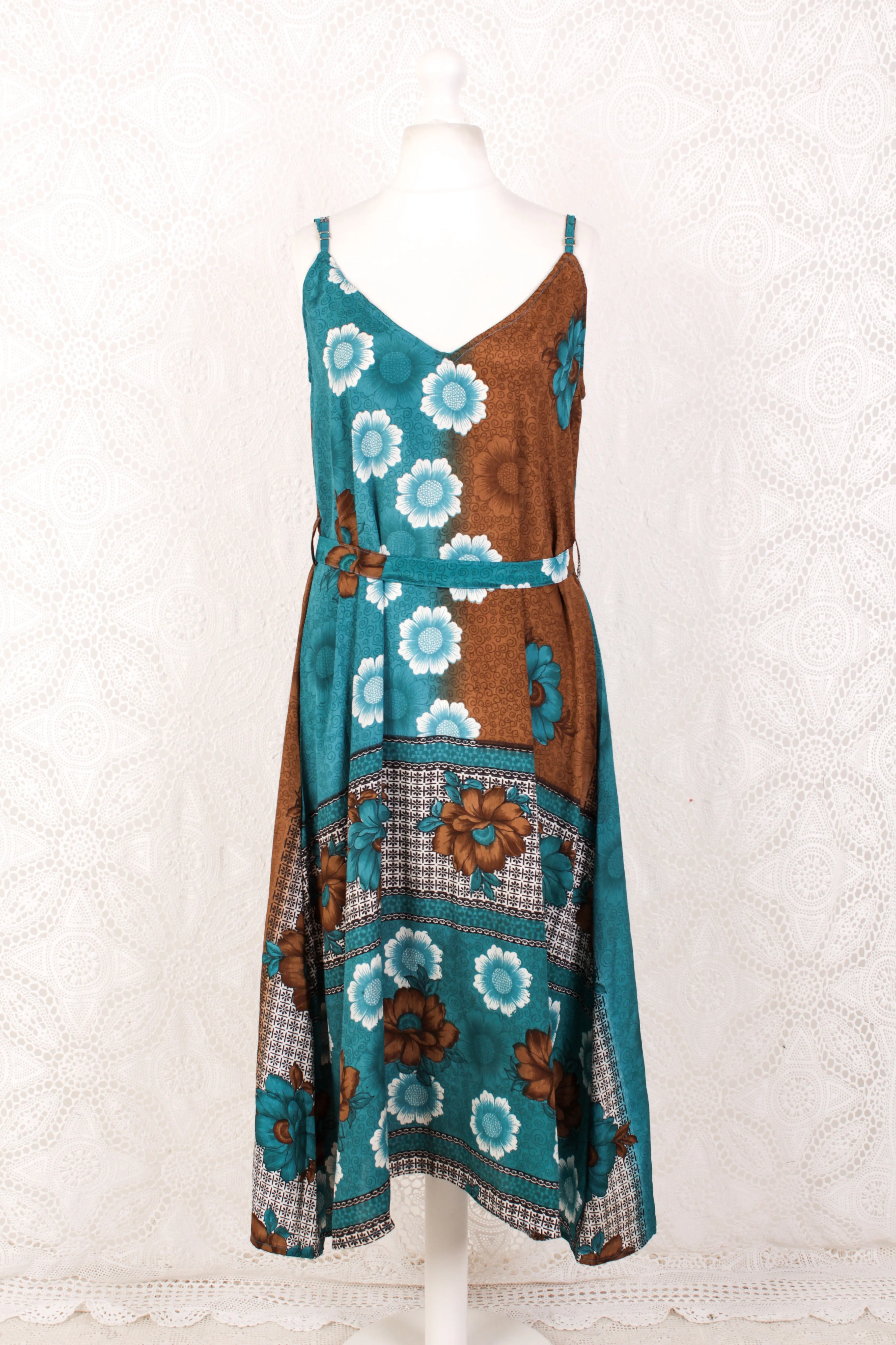 Jamie Dress - Indian Sari Slip Dress - Teal & Cocoa Powder Bold Floral - Size M/L