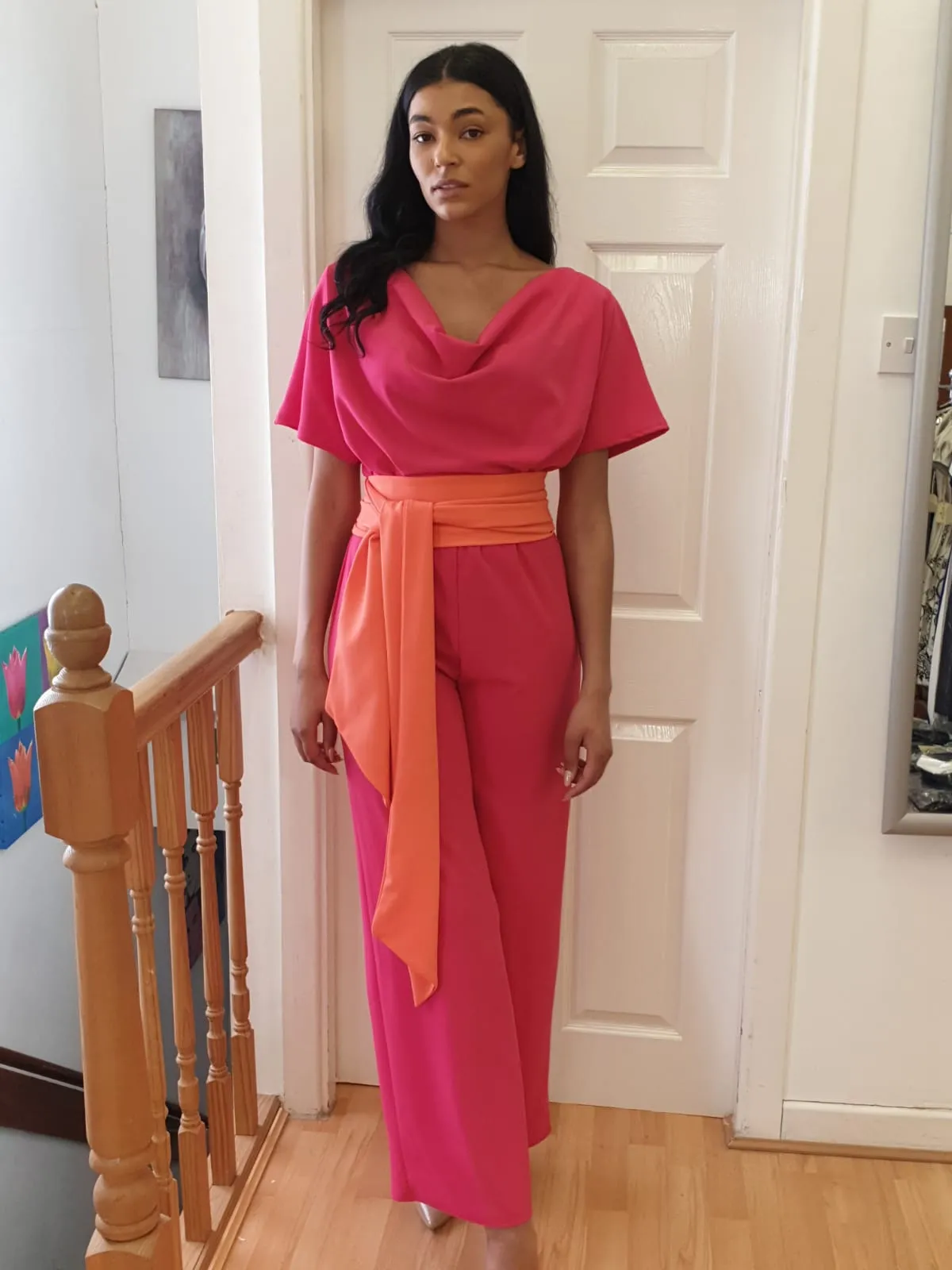 Jordan cowl neck or off shoulder jumpsuit fuchsia  and coral