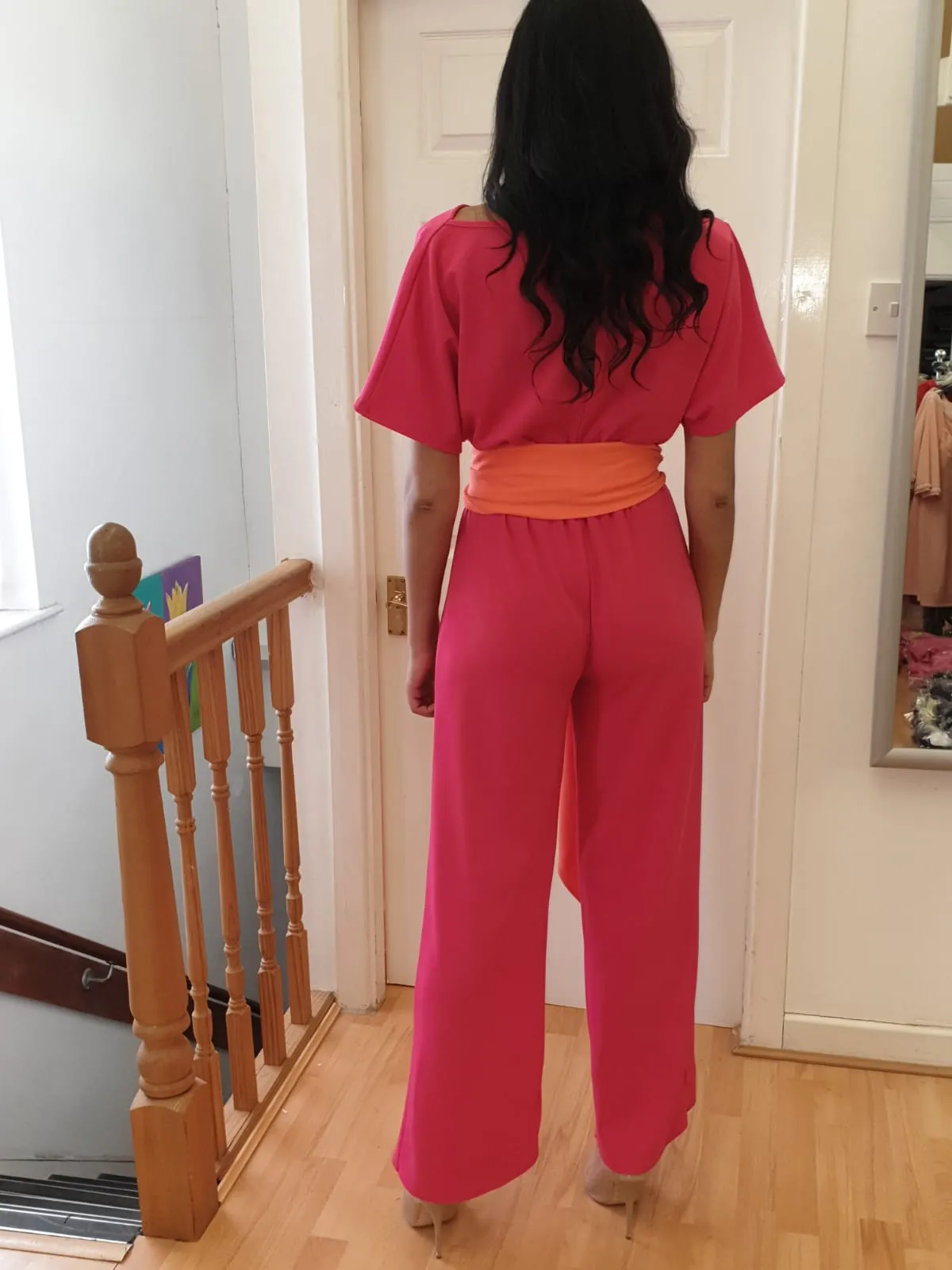 Jordan cowl neck or off shoulder jumpsuit fuchsia  and coral