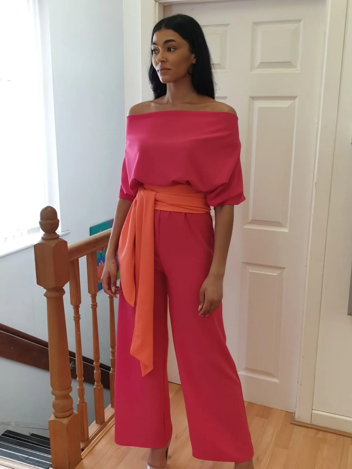 Jordan cowl neck or off shoulder jumpsuit fuchsia  and coral