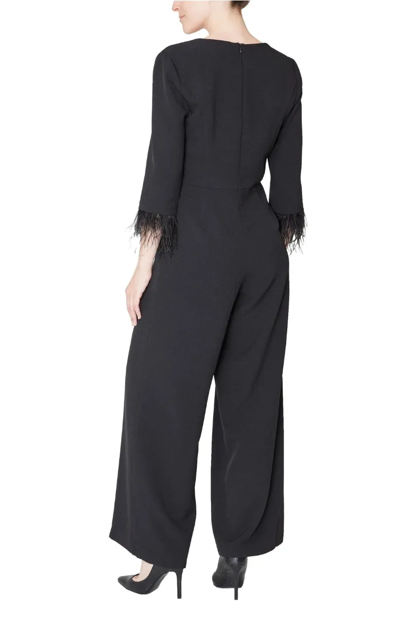 Julia Jordan faux feather trim v neck crepe jumpsuit