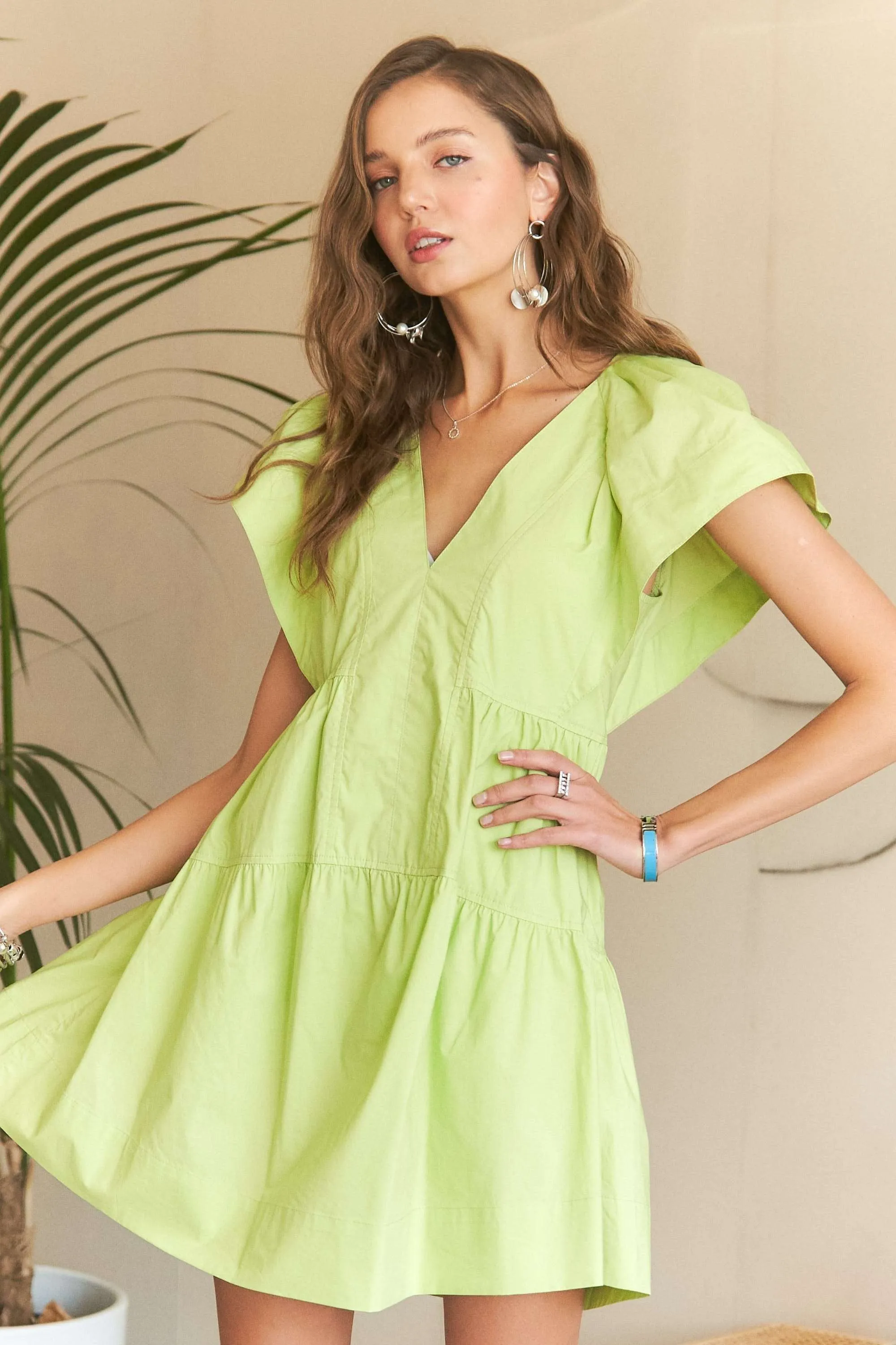 Lime Ruffle Sleeve Tiered Babydoll Dress