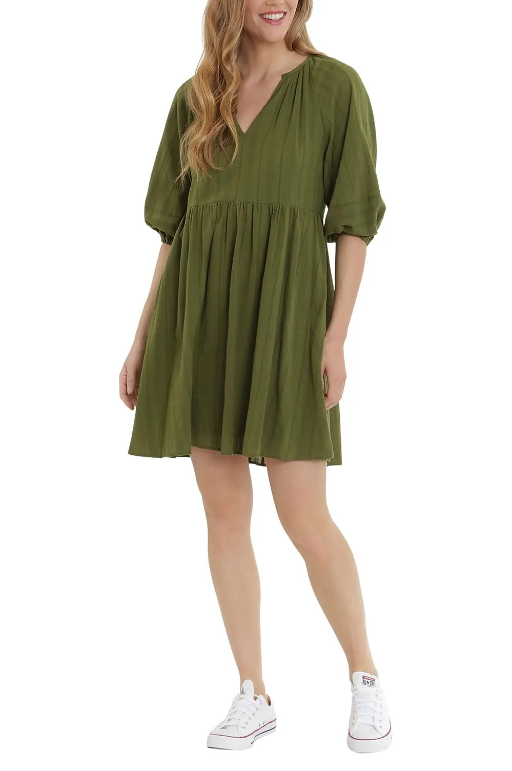 London Times V-Neck 3-4 Sleeves with Elastic Hems Short Blouson Cotton Dress