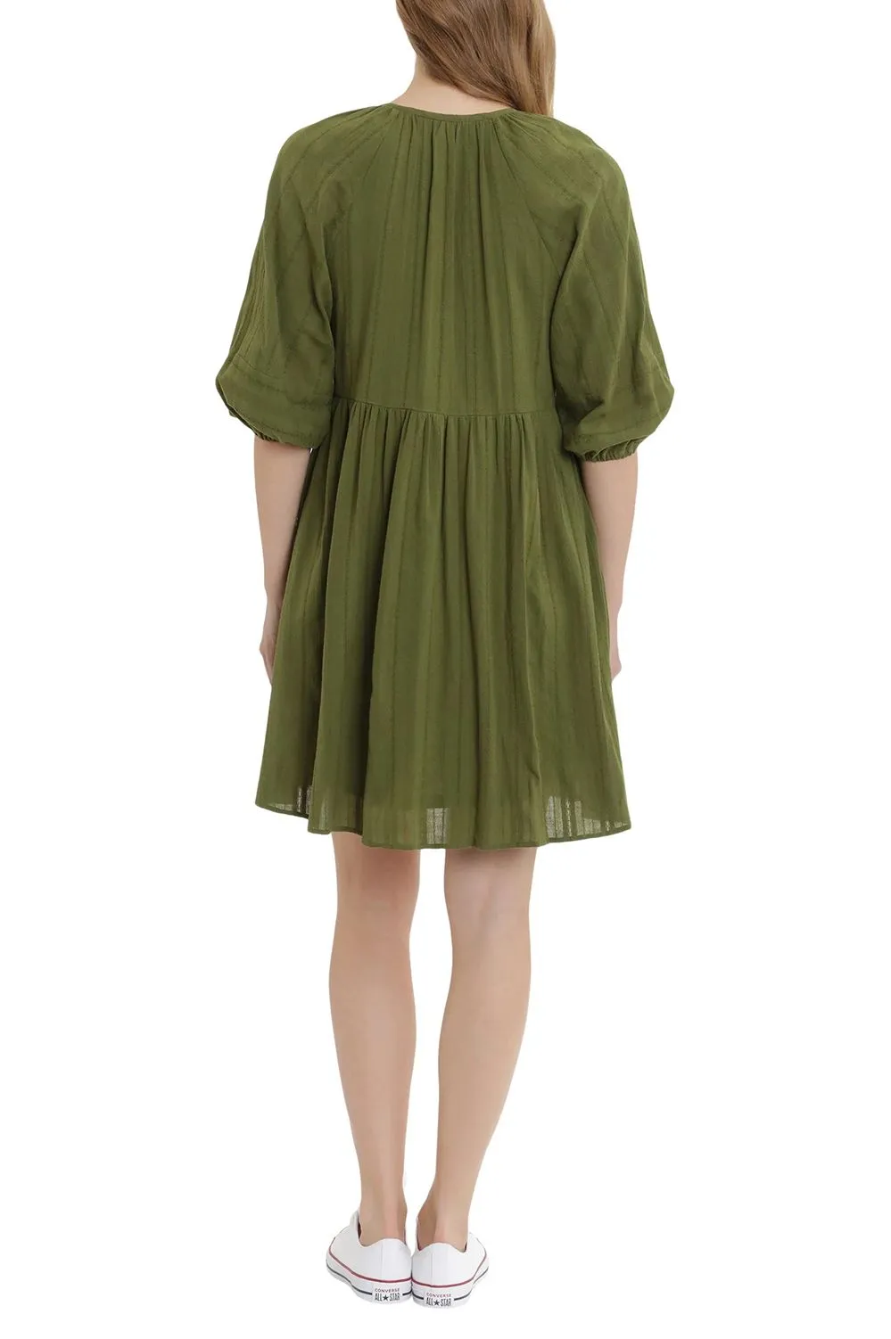 London Times V-Neck 3-4 Sleeves with Elastic Hems Short Blouson Cotton Dress