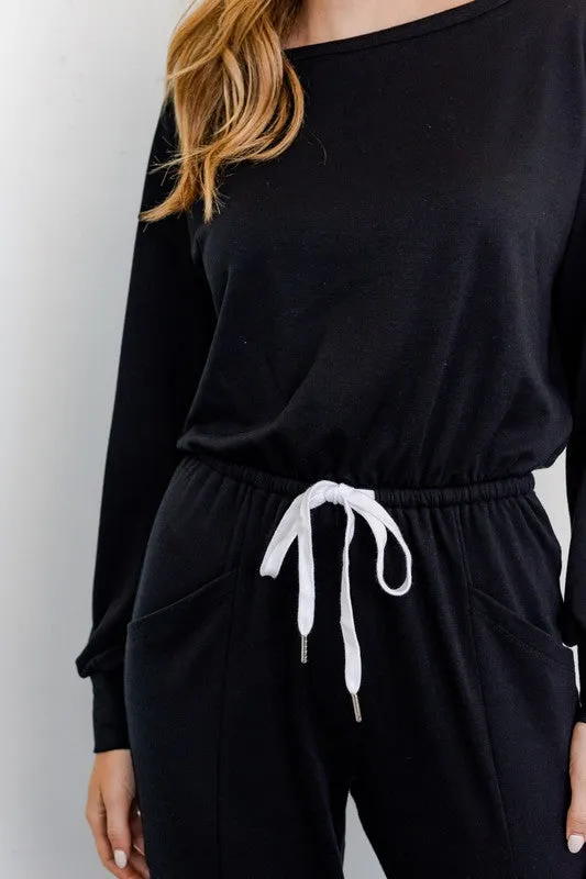 Long-Sleeved Wide Neck Jumpsuit with Pockets