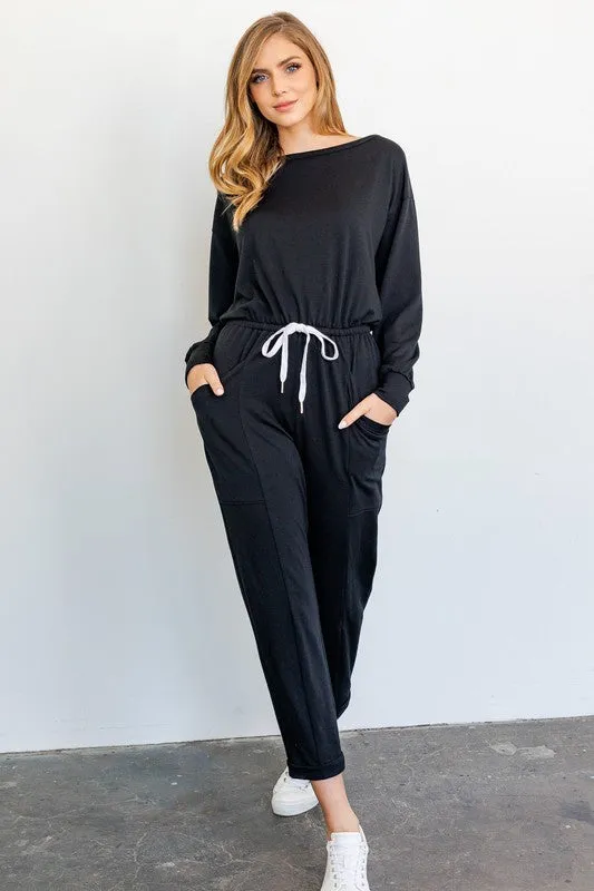 Long-Sleeved Wide Neck Jumpsuit with Pockets