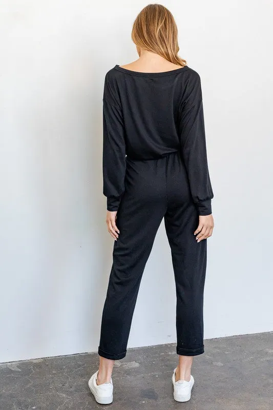 Long-Sleeved Wide Neck Jumpsuit with Pockets