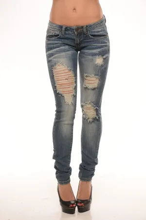 Low Rise Medium Wash Distressed Thigh Super Skinny Jeans