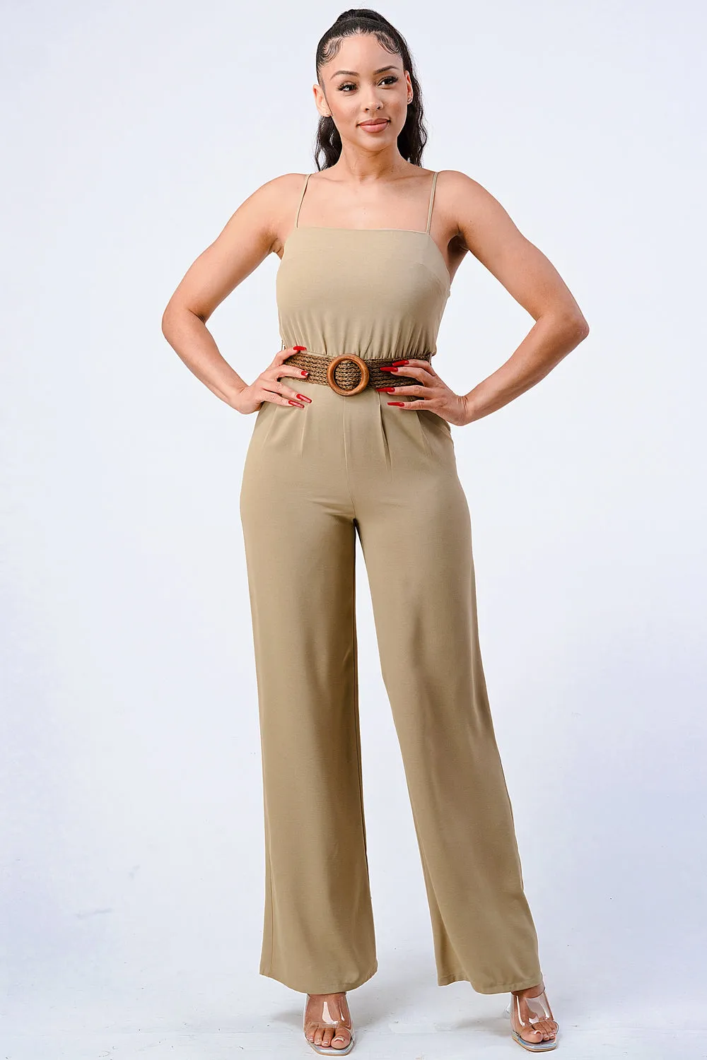 LUX STRETCH WOVEN WOODEN WAIST BELT JUMPSUIT